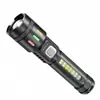 Lanterna de Holofote de Alta Potência Recarregável por USB com Luz Lateral Floodlight COB, Foco Telescópico com Zoom, Lanterna LED, Display de Potência, Material ABS, com Cabo USB