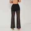 060148 Calça Flare Preta Sexy de Renda Perfurada em Seda Leite Transparente Emagrecedora Estilo Hot Girl Estilo Boate Calça Longa