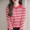 Outono e inverno novo gola polo solta casual algodão listrado malha manga comprida feminino base elegante top