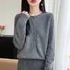 Cardigan de tricô sem costura 100% lã em estilo suave para mulheres com design de botões, blusa base modeladora, casaco quente, suéter
