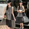 Vestido de Verano a Cuadros Estilo Princesa con Cuello Halter para Niñas, Vestido Largo de Moda para Niños Mayores