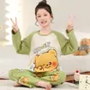 Pijama para niñas para primavera, otoño y verano, estilo fino de dibujos animados de manga larga, conjunto para adolescentes, adecuado para habitaciones con aire acondicionado, para niños mayores, ropa de casa para niños, se puede usar en el exterior