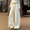 Calça Casual Feminina Estilo Coreano com Floco de Neve e Strass, Design para Primavera e Outono, Cordão com Strass Quente, Cintura Alta, Perna Reta Solta, Calça de Perna Larga para Caminhada