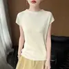 Elegante y suave camiseta de punto de seda helada de manga corta estilo francés para mujer, top sencillo de color liso ajustado para verano
