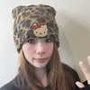 Gorro de Lana Engrosado Suelto Lindo de Gato con Estampado de Leopardo para Mujer en Otoño e Invierno, Gorro Pequeño de Punto con Circunferencia de Cabeza Grande, Gorro Cálido de Felpa Baotou