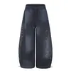 Calça Cargo Wasteland Spray Paint Rasgada de Pernas Largas Scimitar Masculina Hip Hop Tendência Estampa de Letras Senso de Design Calça Longa Solta Curva