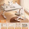 Escritorio regulable en altura accionado por manivela para dormitorio, escritorio de estudio engrosado, escritorio y silla de madera ajustables para niños, juego completo de escritorio y silla para estudio