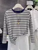 Camiseta estilosa de algodão puro com listras e manga longa para mulheres, versão coreana, moderna e versátil, top que afina a silhueta, camiseta básica para o outono