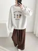 Moletom Estampado Estilo Coreano sem Capuz para Mulheres, Estilo Solto e Casual, Forrado com Fleece e Espesso, Blusa de Gola Redonda Pulôver para o Inverno