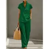 Conjunto cruzado europeo y americano para mujer, estilo casual perezoso, cárdigan de manga corta y pantalones largos, color liso