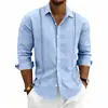 Camisa Masculina de Linho Respirável Amazon para Primavera e Outono com Design Vintage de Recorte Lateral, Gola Reversível, Manga Longa, Top Casual