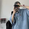 Chaqueta de Manga Corta, Camisa de Mezclilla de Manga Corta, Camisa Casual Holgada de Diseño Estilo Hong Kong Estilo Japonés de Marca de Tendencia para Hombre de Verano