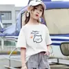 2046# Nueva Camiseta de Manga Corta Primavera y Verano Niñas Algodón Holgada Coreana Versátil Dibujos Animados Estampada Top de Media Manga Moderno