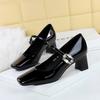 6292-K111 Zapatos de Mujer Banquet Mary Jane Punta Cuadrada Boca Baja Charol de una Sola Capa con Hebilla de Diamante Tacón Grueso Tacón Medio