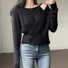 Suéter de malha com fivela irregular da moda outono e inverno estilo coreano feminino, solto, modelador de corpo, acinturado, blusa de base