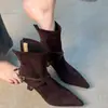 Botines adelgazantes de cuero suave con tacón alto y cremallera trasera para mujer 2026 Hebilla de cuero mate punta fina botines cortos elegantes botines retro de tacón fino