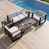 Sofá de aleación de aluminio para exteriores con reposabrazos de madera plástica para patio, terraza, balcón de villa, oficina de ventas, ocio, impermeable, protección solar, exportación