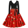 C5520 Ropa de Mujer Transfronteriza Navidad Estilo Europeo y Americano Vintage Quemado Cuello en V Manga Larga Ajustado Estampado Vestido Grande de Vuelo