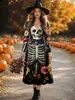 Halloween Mais Vendido Bruxa Crânio Colorido Estampado Vestido COS Cintura Marcada Manga Longa Festa de Baile Midi