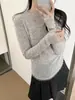 Suéter de tricô de lã de cor pura estilo coreano com franjas, gola redonda, manga longa para mulheres, 26 outono novo, camisa básica para o trabalho para mulheres