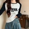 Camiseta de manga larga raglán con contraste de color para mujer, nueva camiseta de otoño con letras estampadas retro americanas, ropa interior para mujer