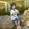 Traje Tang Bordado Dragão Chinês de Verão para Meninos, Conjunto de Duas Peças Hanfu de Manga Curta Estilo Chinês para Crianças, Roupa de Performance para Crianças Pequenas