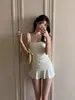 Traje de baño de una pieza para mujer, estilo Ins coreano, color sólido, adelgazante, fruncido, push-up para busto pequeño, vacaciones en aguas termales, estilo de deseo puro, estilo de falda corta