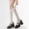 Meias de renda Lolita com cano alto para primavera e outono com fita de laço meias de cano alto estilo ballet branco meias de cano médio jk