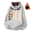 Sudadera con Capucha de Estampado de Dibujos Animados a Cuadros, Hombro Caído, Básica, Casual, Temperamento Moderno, Estilo Americano High Street, para Hombre y Mujer, Otoño Invierno, Sencilla