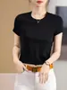 Camiseta de color liso con cuello redondo para mujer, manga corta de algodón mercerizado, base, manga media, corte ajustado, adelgazante, para el trabajo, primavera y verano, nueva, manga corta