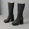 Botas de tacón alto de punta cuadrada para mujer de otoño e invierno con suelas de goma, Botas Martin para mujer, talla grande, cremallera lateral, plataforma impermeable, tacón cuadrado