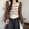 2025 Nuevo Otoño Diseño de Moda Coreana Cuello en V Rayado Tejido Empalmado Manga Abullonada Camisa Top de Manga Larga para Mujer