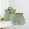 Conjunto Pequeño Floral Verde Estilo Coreano para Niñas Verano 2026 Delgado Conjunto de Dos Piezas de Pantalones Cortos para Niñas