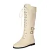 Botas de montar de comercio exterior transfronterizas con hebilla de cinturón, cordones en la parte delantera, tacón plano, caña alta, unisex, botas vaqueras de talla grande