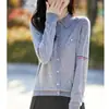 Cardigan de Malha Gola Polo Estilo Designer Lã Fina 2026 Primavera/Verão Novo Bordado Filhote de Cachorro Cor Color Block Top para Mulheres