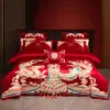 Conjunto de Casamento de Alta Qualidade, Alta Contagem, 100% Algodão de Fibra Longa, Conjunto de Quatro Peças/Seis Peças, Algodão Puro, Estilo Bordado Vermelho Brilhante, Conjunto de Várias Peças para Enxoval de Casamento