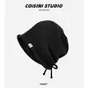Chapéu de tricô estilo preguiçoso japonês cor pura folgado para mulheres com cordões para amarrar cobertura para a cabeça aba dobrada faz o rosto parecer menor gorro versátil moderno