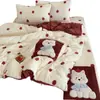 Juego de Cama de Invierno Clase A de Dibujos Animados de Terciopelo de Leche con Bordado de Aplicación, Sábana Bajera Acolchada y Funda Nórdica de Tres Piezas, Juego Cálido de Cuatro Piezas