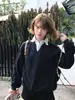 Moletom de Listras com Gola Polo e Efeito Duas Peças para Mulheres, Top Preppy de Alto Padrão com Decote em V Profundo, Jaqueta Americana de Início de Outono