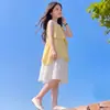 Vestido Colete de Verão Sem Mangas para Meninas Doce e Fofo Vestido com Laço Design Moderno Vestido Irregular de Princesa
