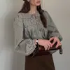Diario en "Pensamientos de Chica" Estilo Francés Relajado Mangas de Linterna Plisadas Algodón de Fibra Larga Camisa Simple a Cuadros