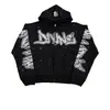 Sudadera con Capucha y Cremallera Estilo Callejero Americano Completamente Tachonada con Diamantes y Salpicaduras de Tinta, Bordes Deshilachados Vintage, Corte Holgado, Hombros Caídos, Unisex, Transfronterizo Europeo y Americano