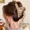 Accesorio para el cabello de pinza de tiburón marrón, de bajo volumen, esponjoso, para peinado semi-recogido, pinza grande de oso para el cabello, pinza de garra con orejas de gato y borla elegante para mujer