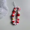 Llavero para Teléfono Móvil de Corazón de Fresa Dulce DIY Corto Cadena para Teléfono Móvil Cadena de Cadena con Lazo y Perlas Pulsera de Perlas