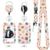 Portatarjetas de plástico con estampado floral, portatarjeta de identificación para credencial de trabajo con cordón y hebilla retráctil, protector para credencial de empleado y tarjeta de autobús
