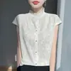 Top regata de verão mais vendido estilo chinês com gola de renda sem mangas em base de Liocel, top pullover vintage elegante para mulheres