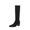 Botas Largas Elásticas Ajustadas de Gamuza para Mujer Botas Individuales Otoño Invierno Nuevas Puntera Cuadrada Tacón Medio Grueso Cremallera Lateral Estilo Coreano Botas Hasta la Rodilla Mujer