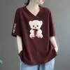 Comércio Exterior Transfronteiriço Roupas de Verão para Mães Estampadas Decote V Solto Tamanho Grande Casual Elegante Camiseta Feminina para Mulheres de Meia-Idade