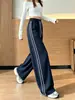 Pantalones de chándal anchos de doble raya estilo callejero retro americano para mujer, pantalones casuales holgados para otoño 2026 con cordón, pantalones deportivos