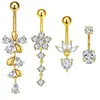 Novo Produto de E-commerce Transfronteiriço: Conjunto de 4 Peças de Piercing de Umbigo, Piercings de Umbigo com Zircônia em Formato de Flor, Barbell de Umbigo em Aço Inoxidável